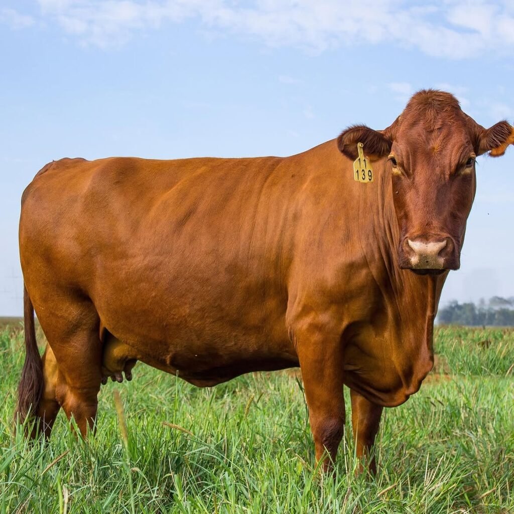 Bonsmara cow grazing on green pasture